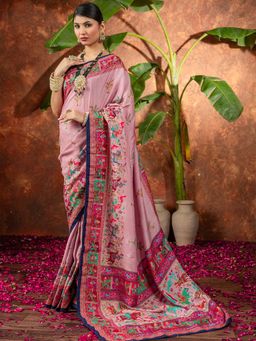Akhilam - Women Silk Blend Mauve Printed Designer Saree with Unstitched Blouse