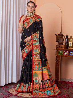 Akhilam - Women Silk Blend Black Printed Designer Saree with Unstitched Blouse