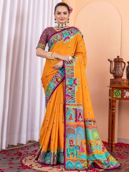 Akhilam - Women Silk Blend Mustard Printed Designer Saree with Unstitched Blouse