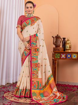 Akhilam - Women Silk Blend Beige Printed Designer Saree with Unstitched Blouse