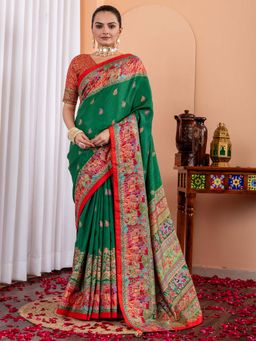 Akhilam - Women Silk Blend Green Printed Designer Saree with Unstitched Blouse