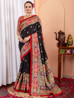 Akhilam - Women Silk Blend Black Printed Designer Saree with Unstitched Blouse