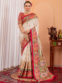 Akhilam - Women Silk Blend Cream Printed Designer Saree with Unstitched Blouse