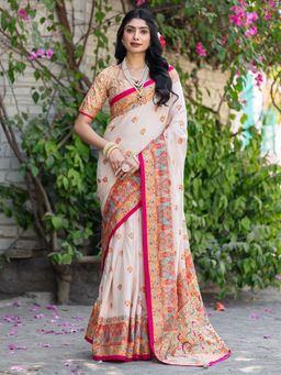Akhilam - Women Silk Blend Cream Printed Designer Saree with Unstitched Blouse