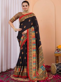 Akhilam - Women Silk Blend Black Printed Designer Saree with Unstitched Blouse