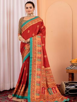 Akhilam - Women Silk Blend Rust Printed Designer Saree with Unstitched Blouse