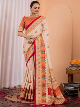 Akhilam - Women Silk Blend Cream Printed Designer Saree with Unstitched Blouse