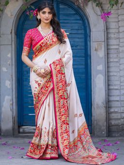 Akhilam - Women Silk Blend Cream Printed Designer Saree with Unstitched Blouse
