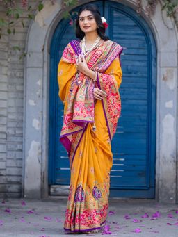 Akhilam - Women Silk Blend Mustard Printed Designer Saree with Unstitched Blouse