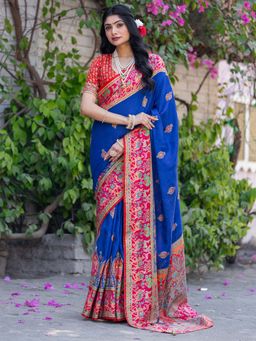 Akhilam - Women Silk Blend Navy Blue Printed Designer Saree with Unstitched Blouse