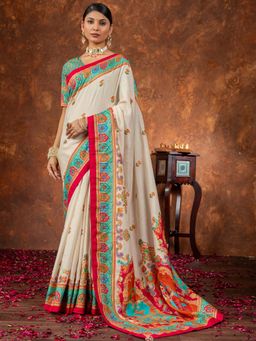 Akhilam - Women Silk Blend Cream Printed Designer Saree with Unstitched Blouse
