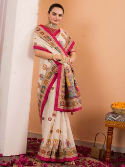 Akhilam - Women Silk Blend Cream Printed Designer Saree with Unstitched Blouse