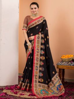 Akhilam - Women Silk Blend Black Printed Designer Saree with Unstitched Blouse