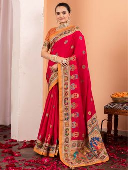Akhilam - Women Silk Blend Pink Printed Designer Saree with Unstitched Blouse