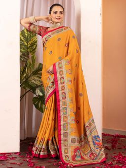 Akhilam - Women Silk Blend Mustard Printed Designer Saree with Unstitched Blouse
