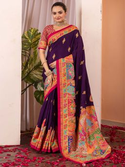 Akhilam - Women Silk Blend Purple Printed Designer Saree with Unstitched Blouse