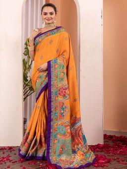 Akhilam - Women Silk Blend Mustard Printed Designer Saree with Unstitched Blouse