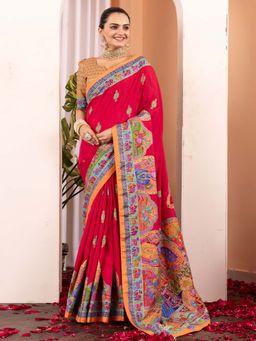 Akhilam - Women Silk Blend Pink Printed Designer Saree with Unstitched Blouse