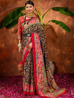 Akhilam - Women Silk Blend Black Printed Designer Saree with Unstitched Blouse