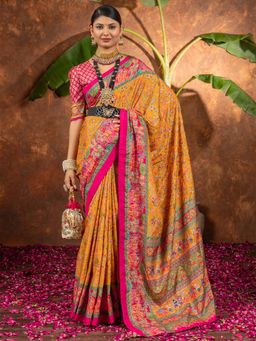 Akhilam - Women Silk Blend Mustard Printed Designer Saree with Unstitched Blouse