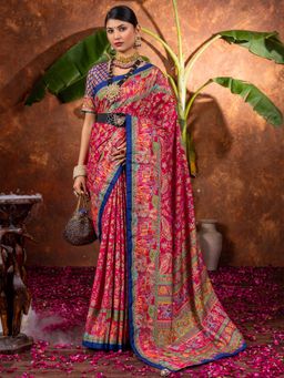 Akhilam - Women Silk Blend Pink Printed Designer Saree with Unstitched Blouse