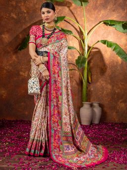 Akhilam - Women Silk Blend Cream Printed Designer Saree with Unstitched Blouse