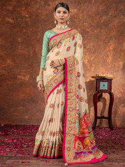 Akhilam - Women Silk Blend Cream Printed Designer Saree with Unstitched Blouse