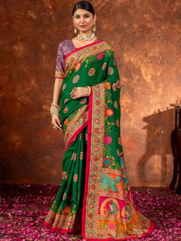 Akhilam - Women Silk Blend Green Printed Designer Saree with Unstitched Blouse