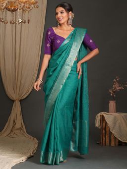 Akhilam - Women Viscose Teal Woven Design Designer Saree with Unstitched Blouse