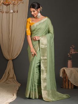 Akhilam - Women Viscose Green Woven Design Designer Saree with Unstitched Blouse