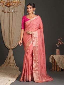 Akhilam - Women Viscose Peach Woven Design Designer Saree with Unstitched Blouse