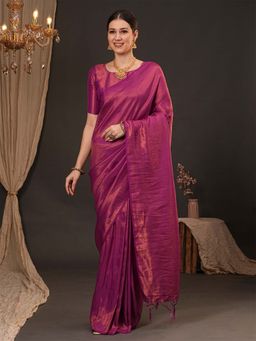 Akhilam - Women Silk Blend Magenta Woven Design Designer Saree with Unstitched Blouse