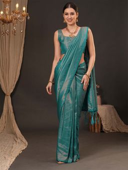 Akhilam - Women Silk Blend Teal Blue Woven Design Saree with Unstitched Blouse