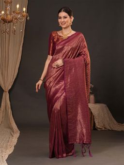 Akhilam - Women Silk Blend Maroon Woven Design Designer Saree with Unstitched Blouse