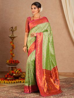 Akhilam - Women Soft Silk Green Woven Design Designer Saree with Unstitched Blouse