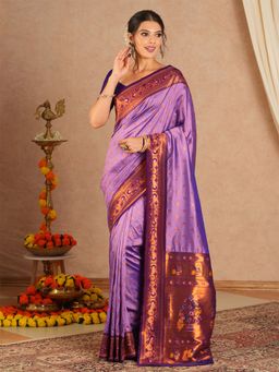 Akhilam - Women Soft Silk Purple Woven Design Designer Saree with Unstitched Blouse