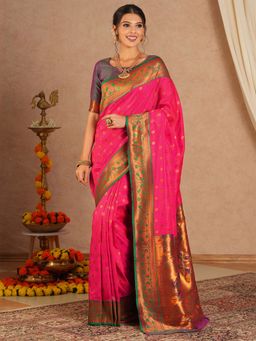 Akhilam - Women Soft Silk Pink Woven Design Designer Saree with Unstitched Blouse