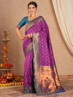 Akhilam - Women Soft Silk Purple Woven Design Designer Saree with Unstitched Blouse