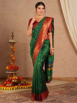 Akhilam - Women Soft Silk Green Woven Design Designer Saree with Unstitched Blouse