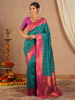 Akhilam - Women Soft Silk Teal Woven Design Designer Saree with Unstitched Blouse