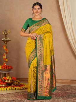 Akhilam - Women Soft Silk Yellow Woven Design Designer Saree with Unstitched Blouse