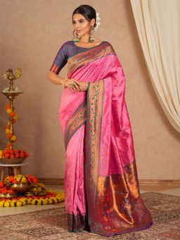 Akhilam - Women Soft Silk Pink Woven Design Designer Saree with Unstitched Blouse