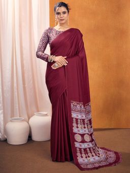 Akhilam - Women Satin Silk Magenta Printed Designer Saree with Unstitched Blouse