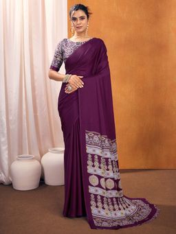 Akhilam - Women Satin Silk Purple Printed Designer Saree with Unstitched Blouse