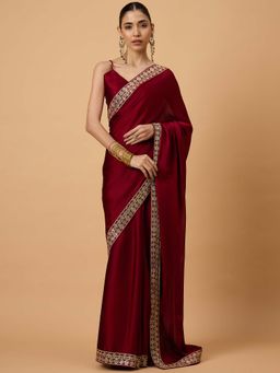 Akhilam - Women Satin Maroon Embellished Designer Saree with Unstitched Blouse
