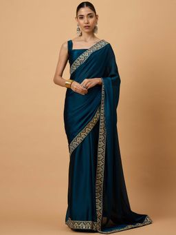 Akhilam - Women Satin Teal Blue Embellished Designer Saree with Unstitched Blouse