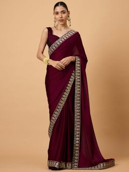 Akhilam - Women Satin Magenta Embellished Designer Saree with Unstitched Blouse
