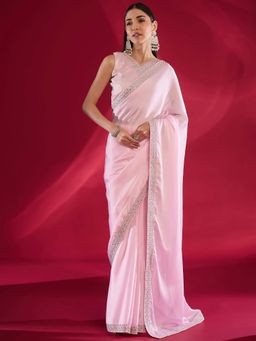 Akhilam - Women Satin Silk Pink Embellished Designer Saree with Unstitched Blouse