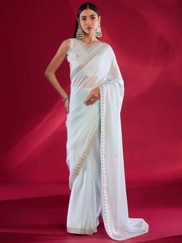 Akhilam - Women Satin Silk Light Blue Embellished Saree with Unstitched Blouse