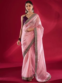 Akhilam - Women Tissue Pink Embellished Designer Saree with Unstitched Blouse